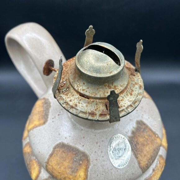 Roger’s Brown and Orange Stoneware Pottery Oil Lamp Light Handle Glazed Primitve - Picture 4 of 9